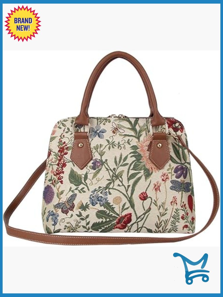 Floral Tapestry Satchel Crossbody Bag With Zip Compartments